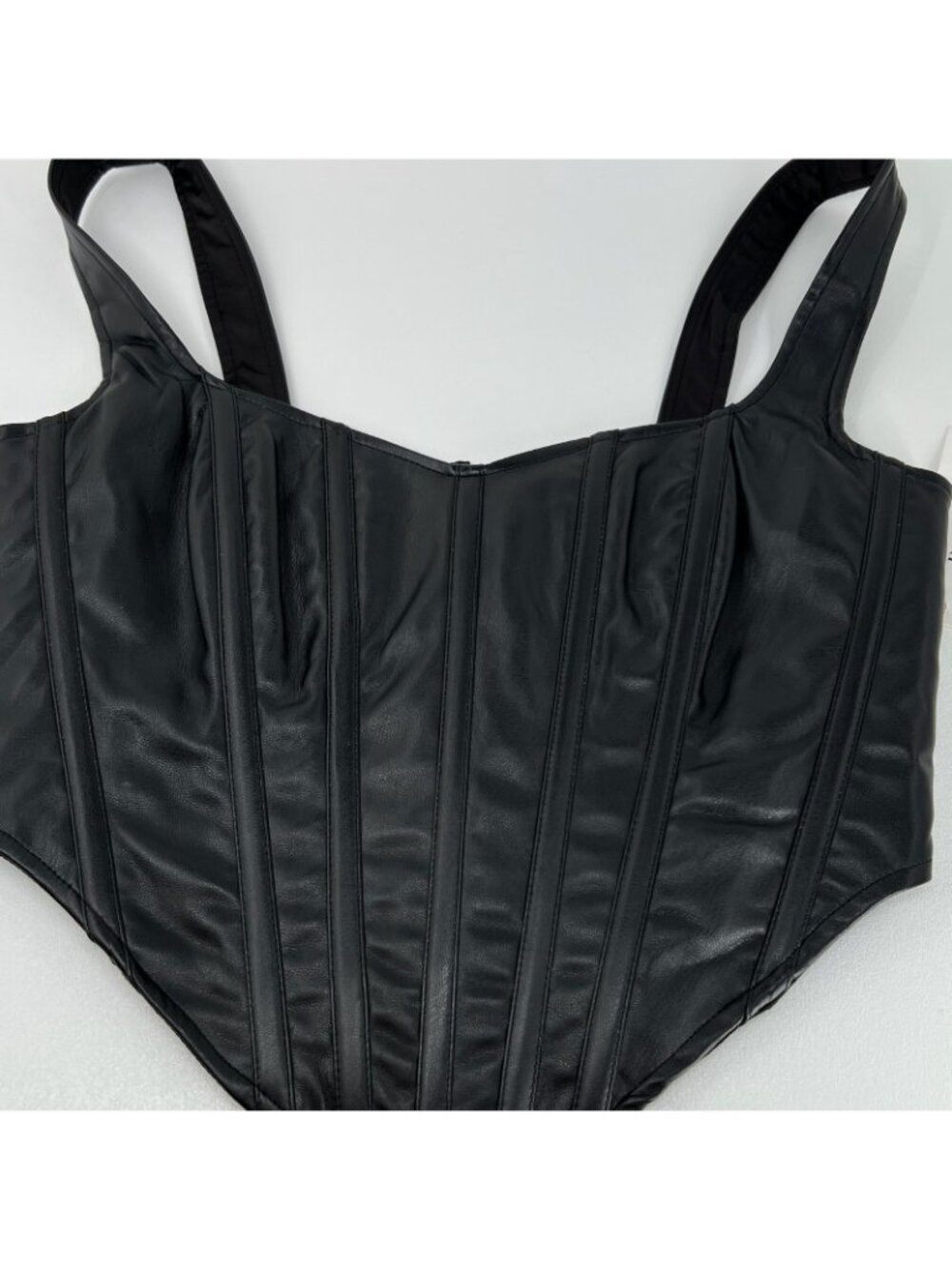 Bardot Faux Leather Corset Bustier Top Women 4 Boned Back Zip Cropped Cami Black - Picture 4 of 13